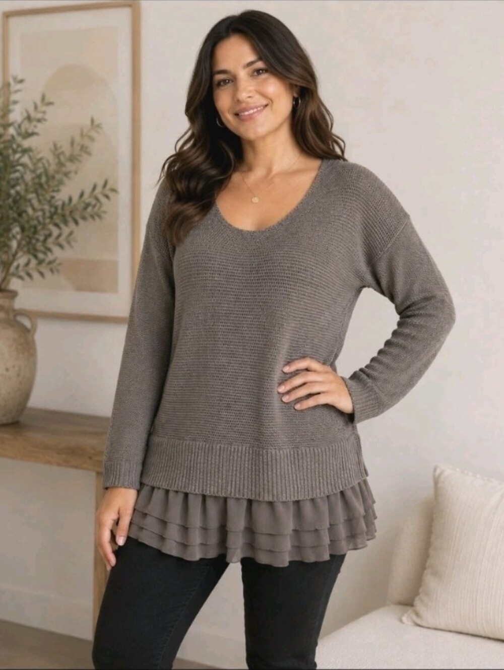 Soft Surroundings Taupe Brown Knit Sweater Ruffle Hem Layered Boho Tunic Large